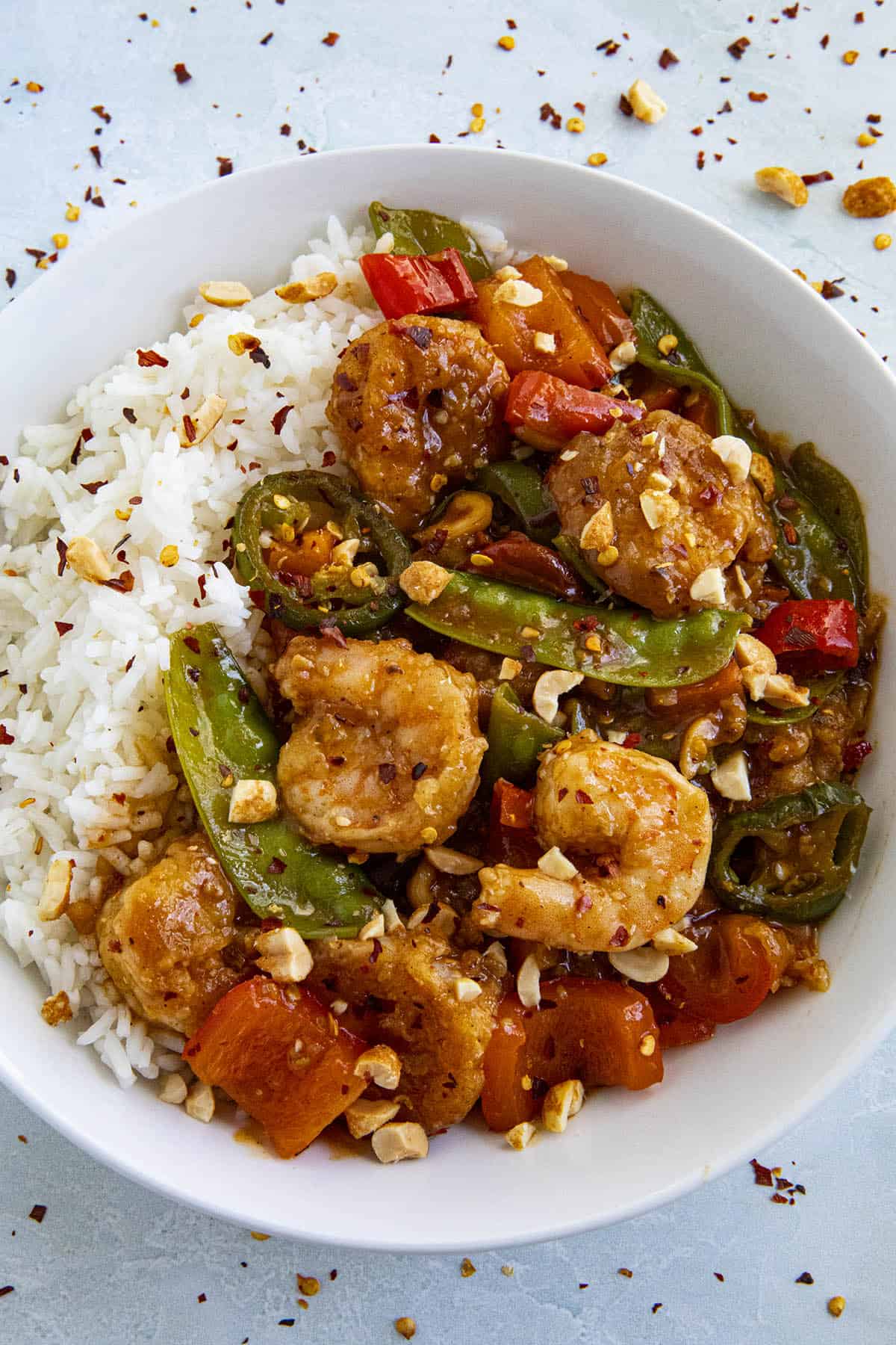 Szechuan Shrimp in a bowl with rice