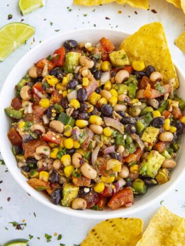 Cowboy Caviar served in a white bowl.