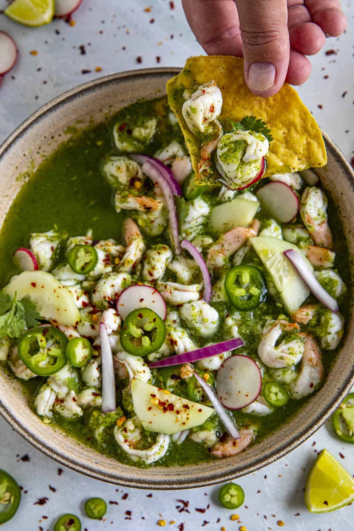 Aguachile ceviche on a tortilla chip