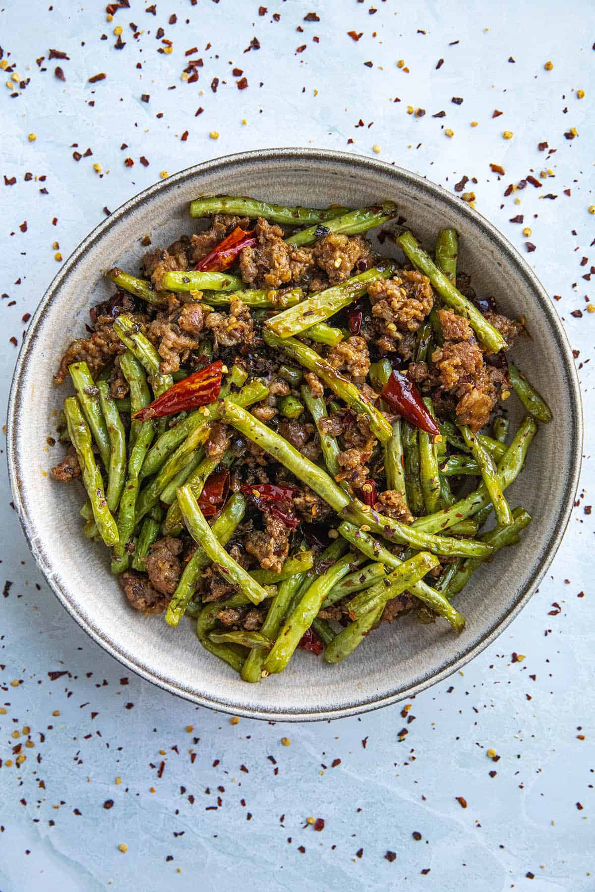 Sichuan Dry Fried Green Beans Recipe in a bowl, ready to serve