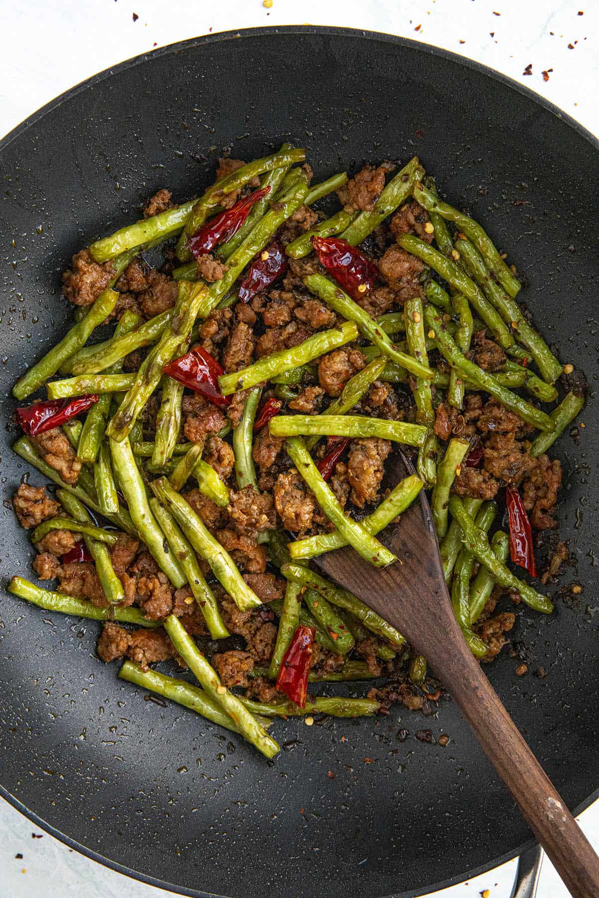 Sichuan Dry Fried Green Beans Recipe in a pan