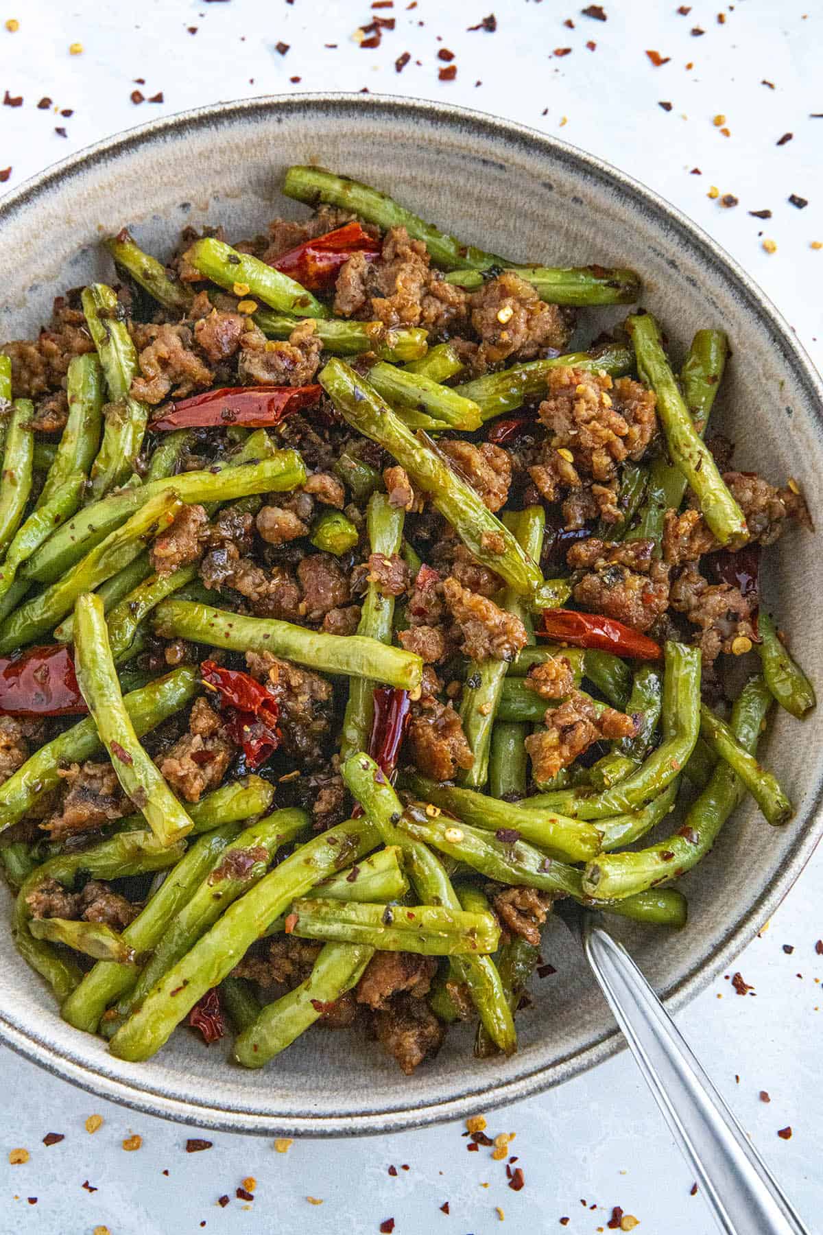 Sichuan Dry Fried Green Beans Recipe in a bowl
