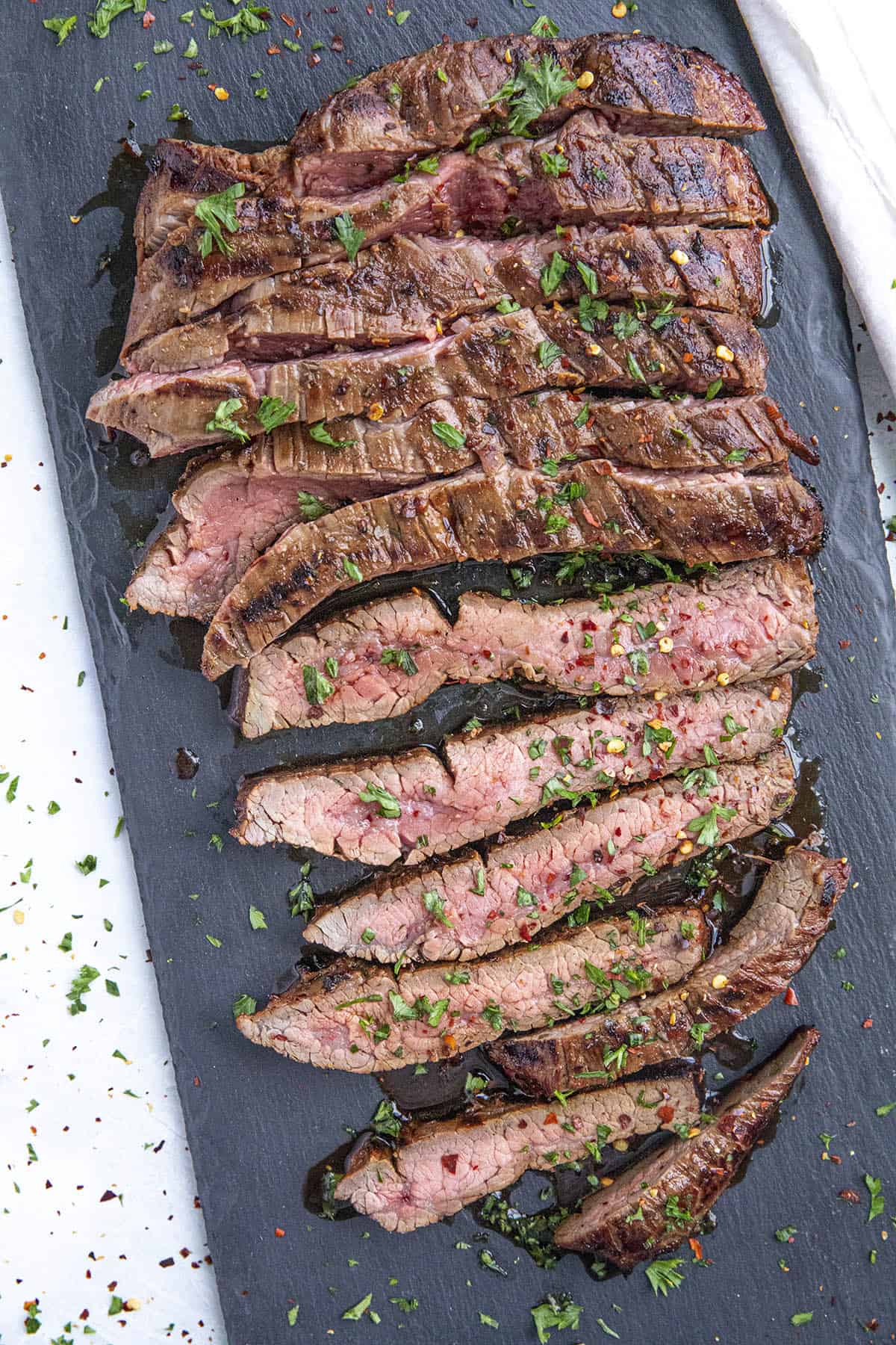 Sliced marinated flank steak ready to eat