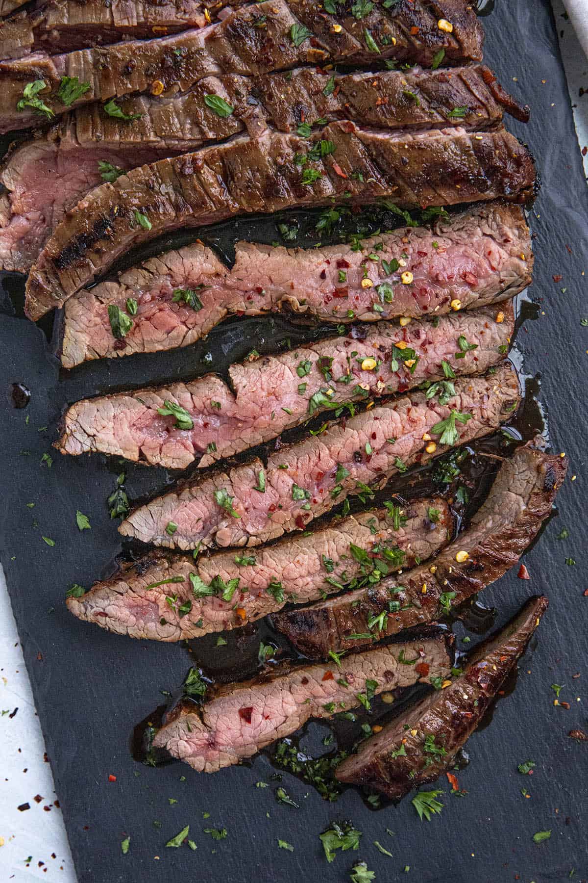 Sliced marinated flank steak ready to serve