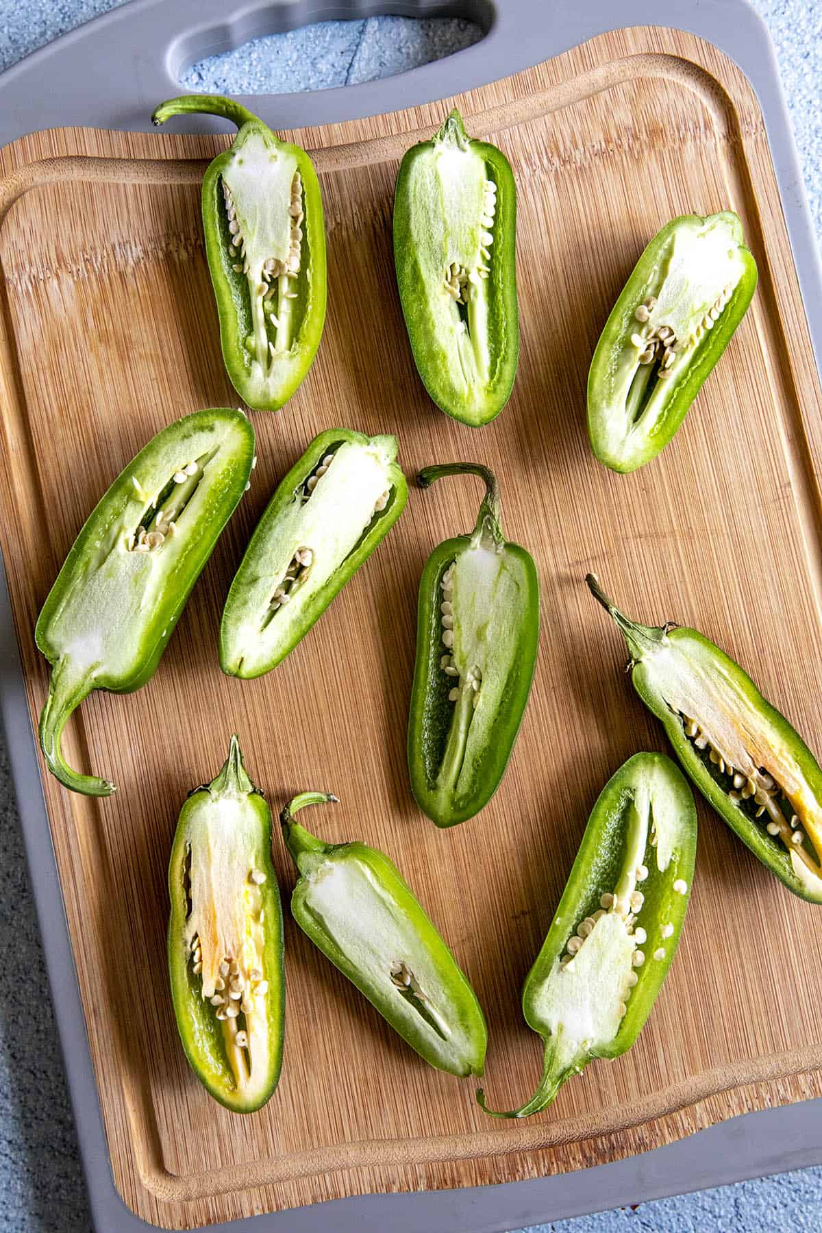 Jalapeno peppers sliced in half