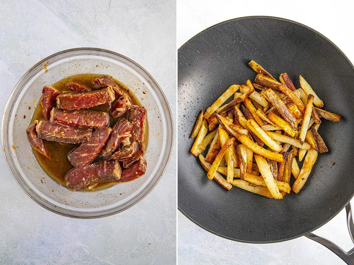 Marinating steak, and stir frying the french fries in a hot pan with oil to make lomo saltado
