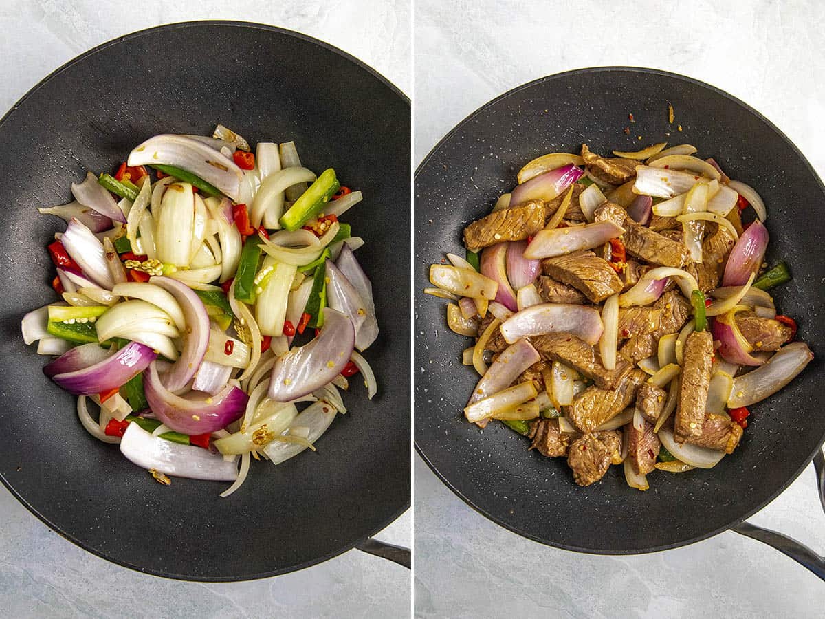 Stir frying the vegetables and the beef strips to make lomo saltado