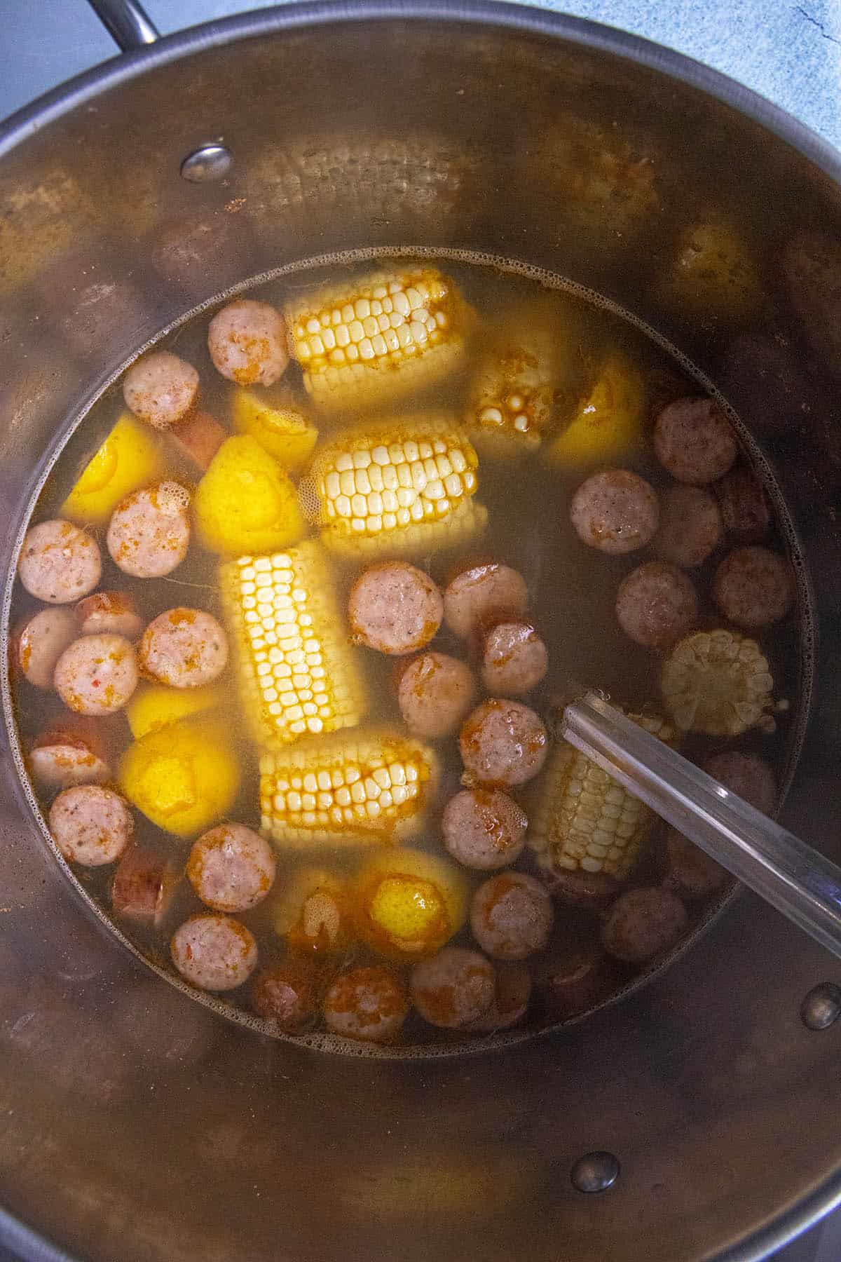 A simmering pot of Low Country Boil