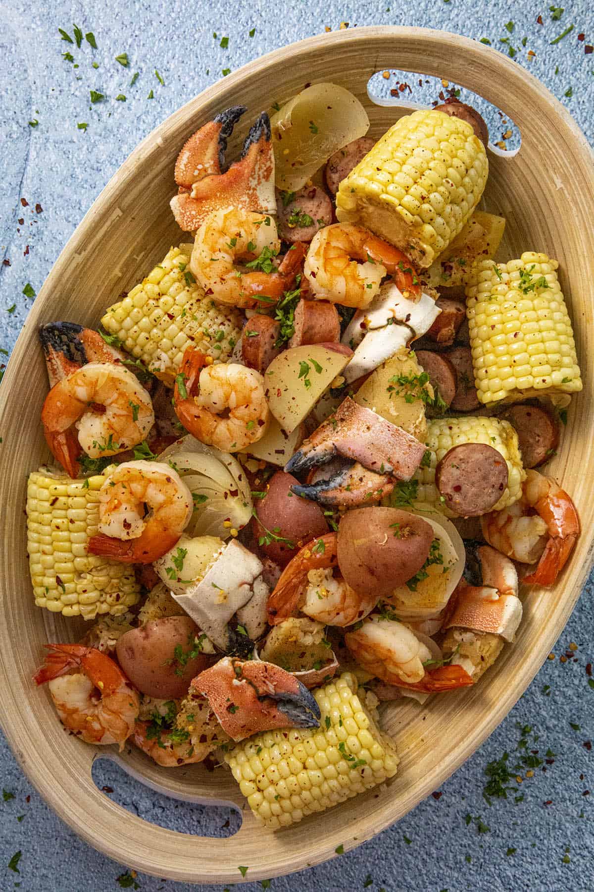 Low Country Boil on a platter, ready to serve