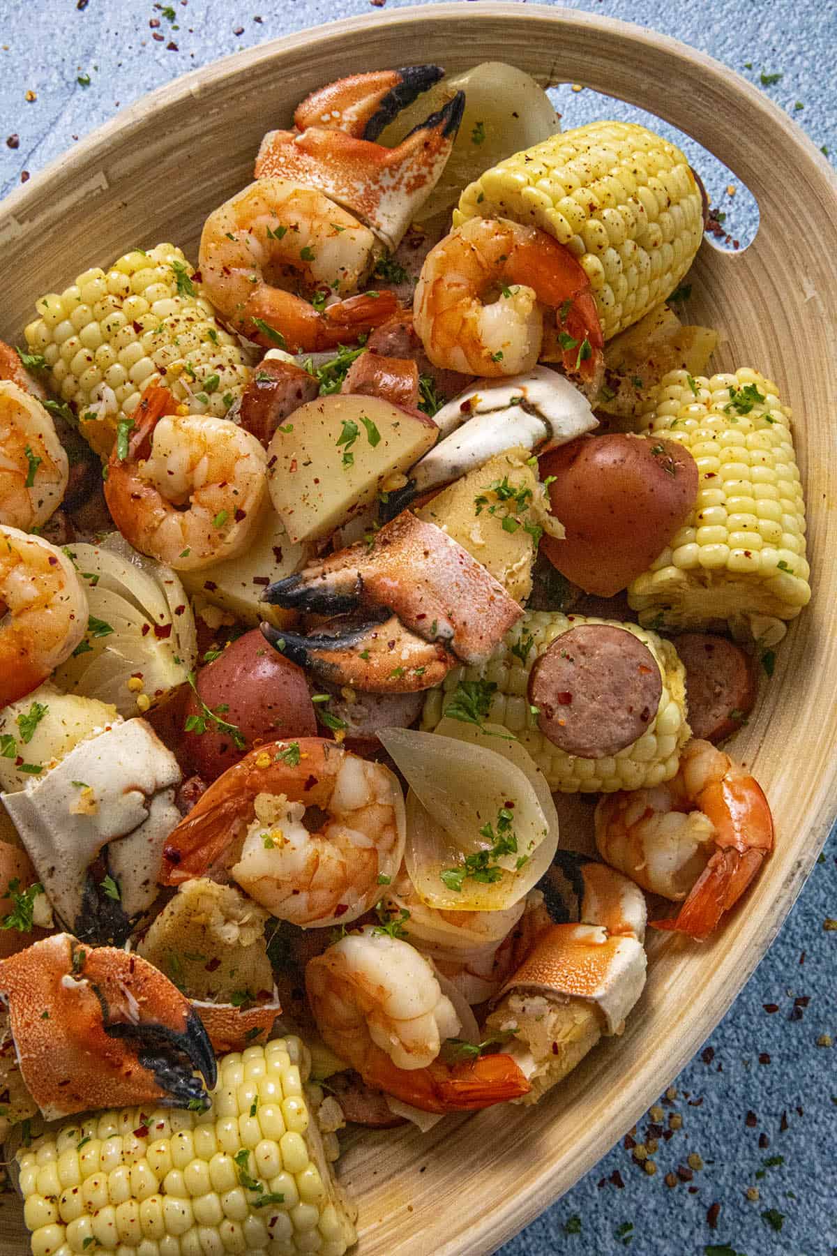 Low Country Boil seafood ready to serve