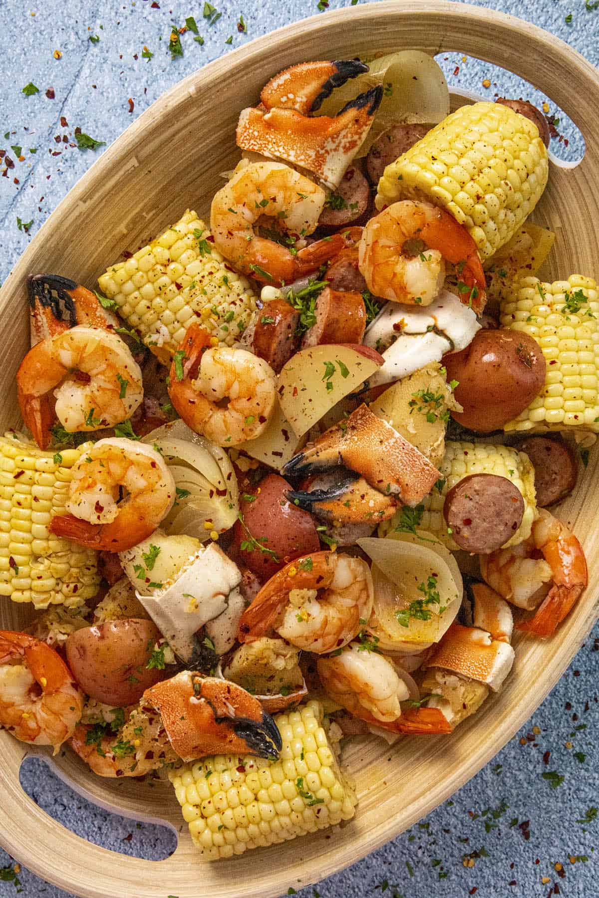 Low Country Boil seafood on a serving platter