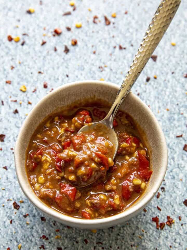 Sambal terasi in a mortar ready to serve