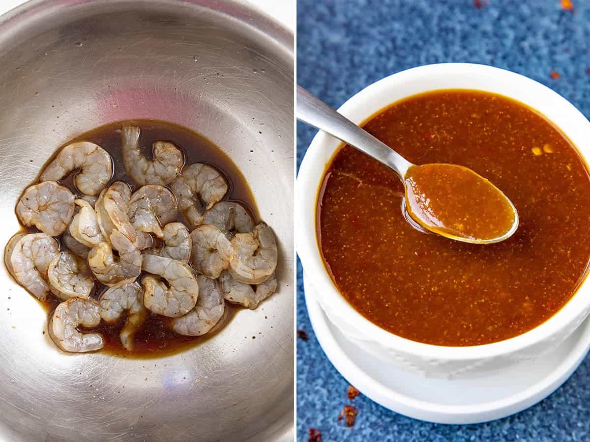 Shrimp marinating, and Szechuan Sauce in a big white bowl