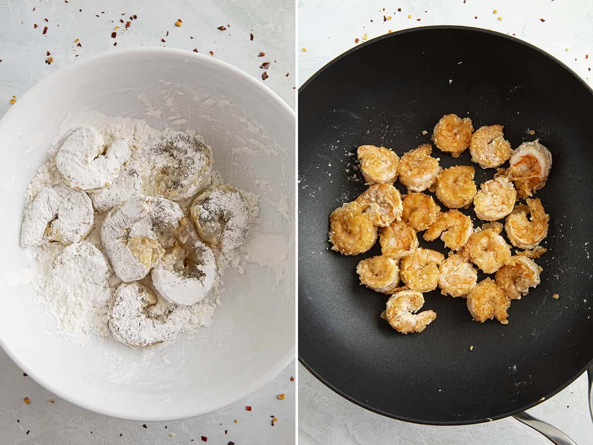 Coating the shrimp in flour, then cooking the shrimp in a hot pan