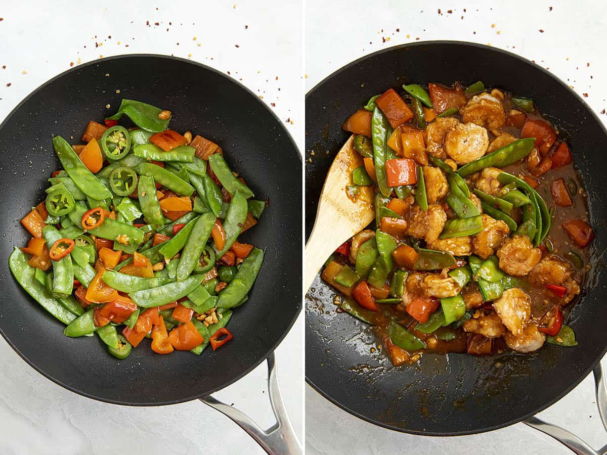 Cooking the vegetables, and Szechuan Shrimp in a pan with lots of shrimp and vegetables, ready to serve