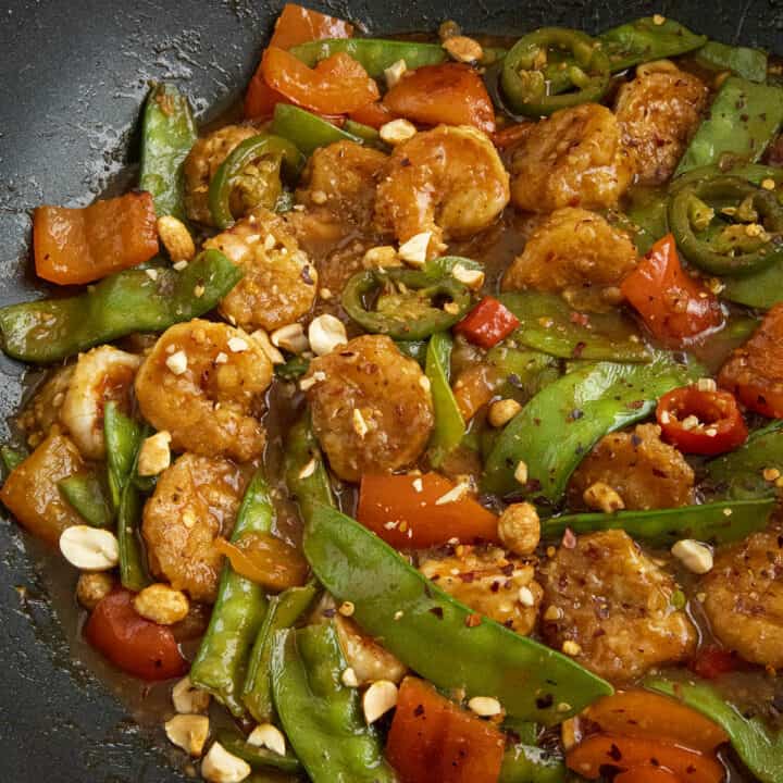 Spicy Szechuan Shrimp in a hot pan