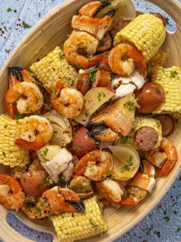 Low Country Boil seafood on a serving platter