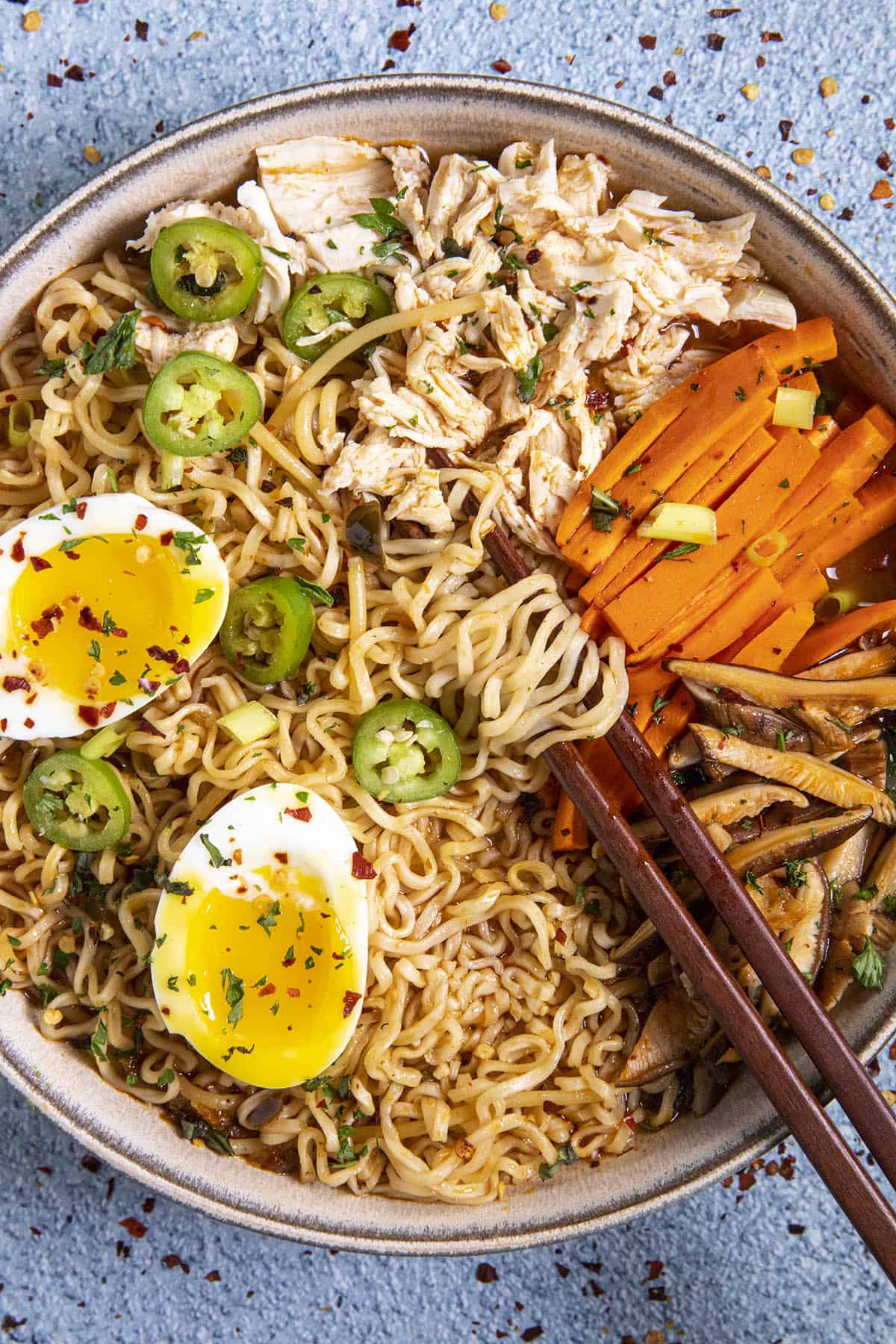 Chicken Ramen in a bowl with chopsticks