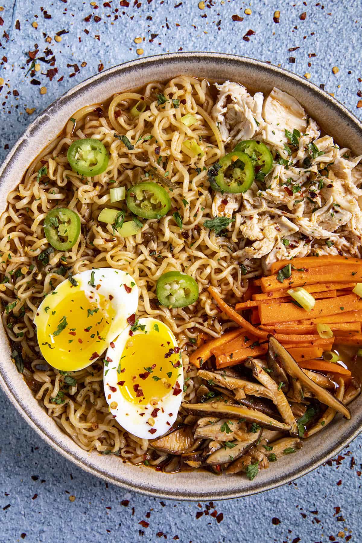 Chicken Ramen in a bowl with soft boiled eggs