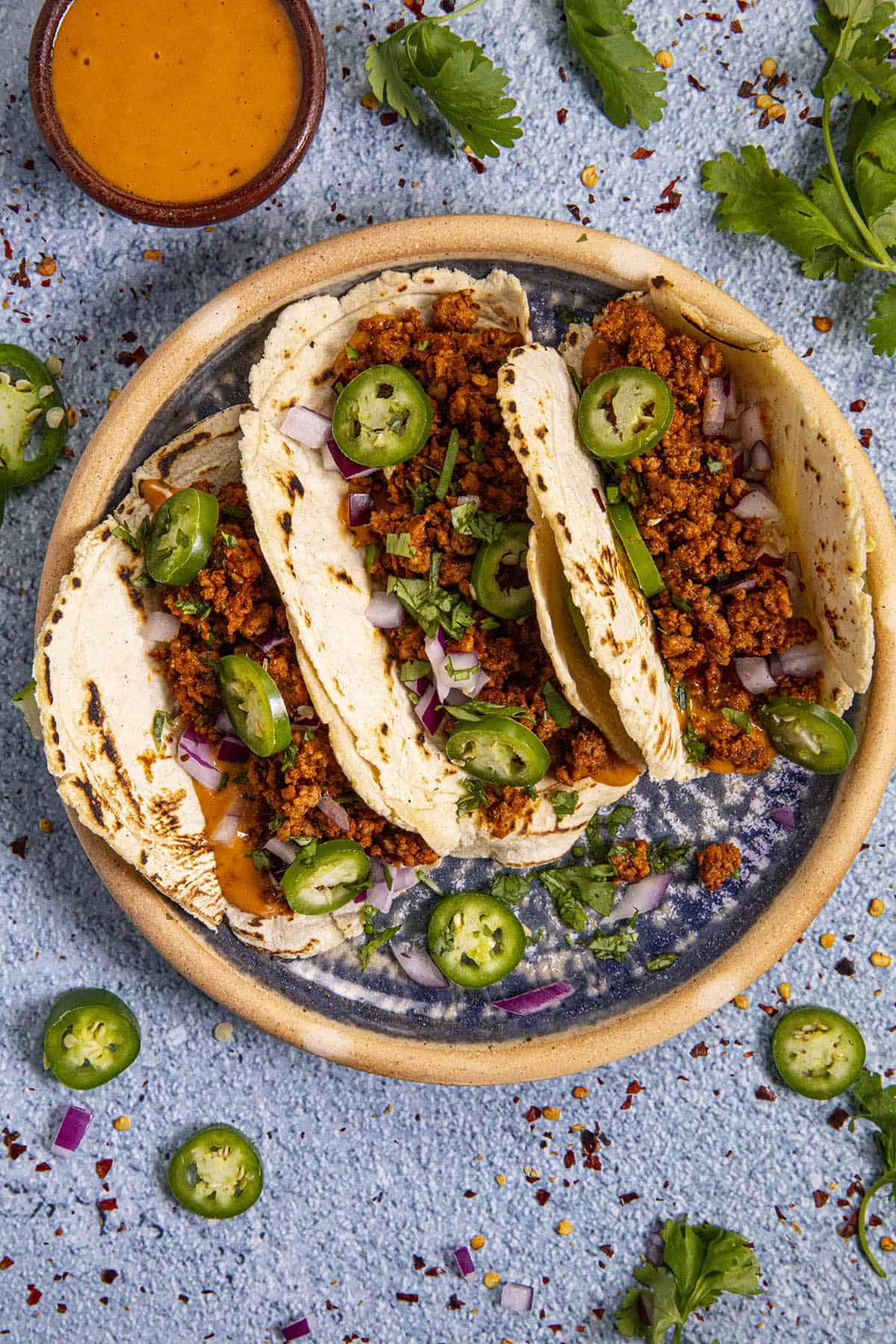 Homemade Chorizo Tacos with sliced peppers