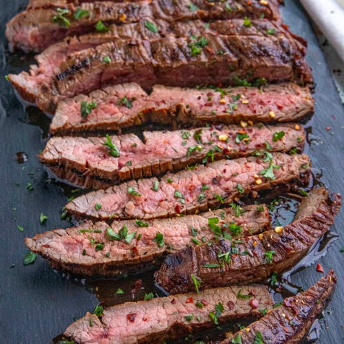 Sliced marinated flank steak
