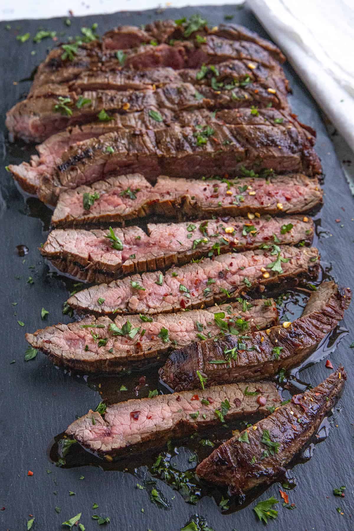 Sliced marinated flank steak