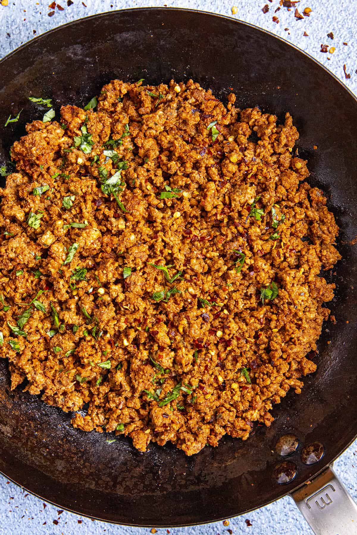 Homemade Chorizo in a pan, ready to serve