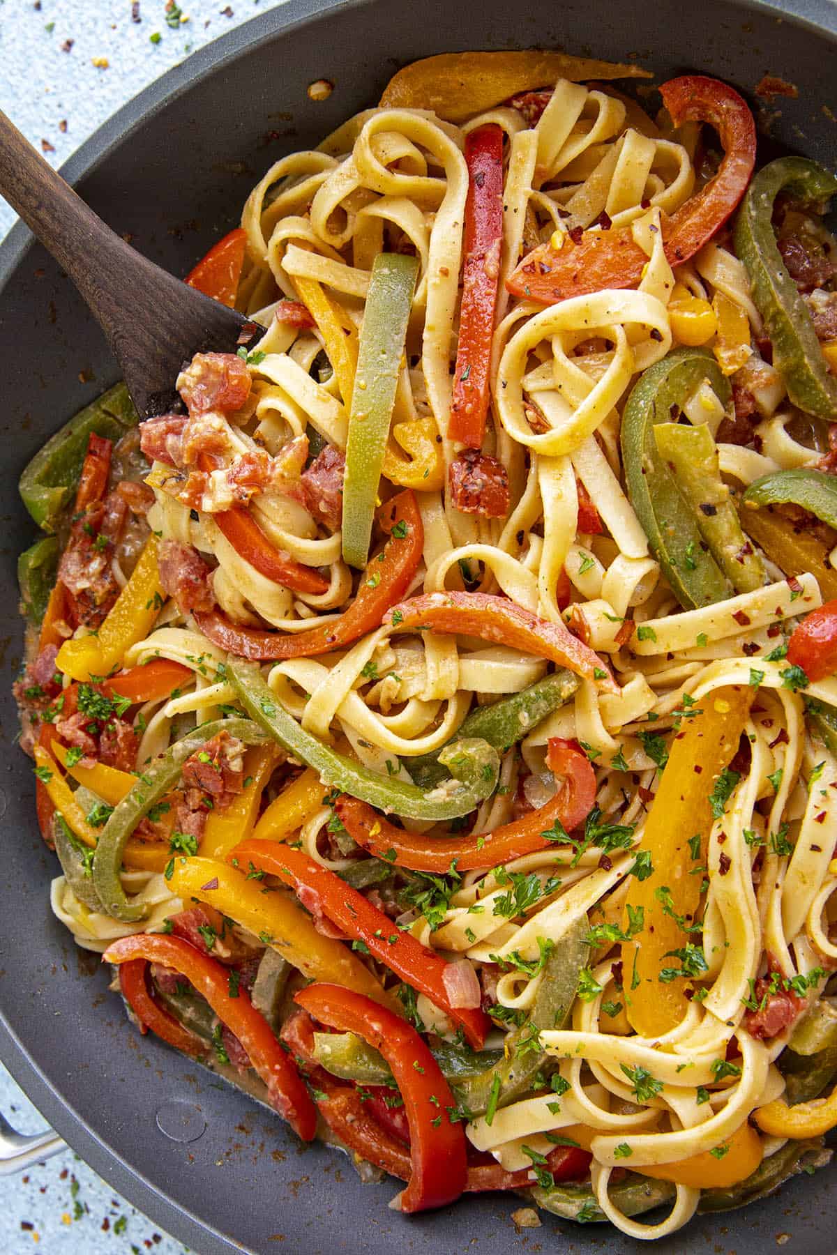 Rasta Pasta in a pan, ready to serve