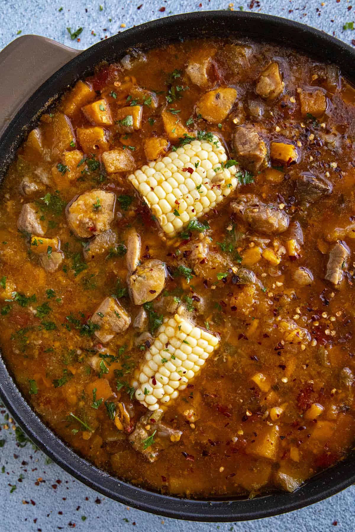 Hearty Sancocho in a pot, ready to serve