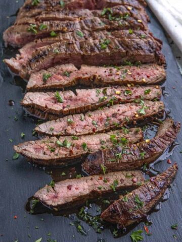 Sliced marinated flank steak