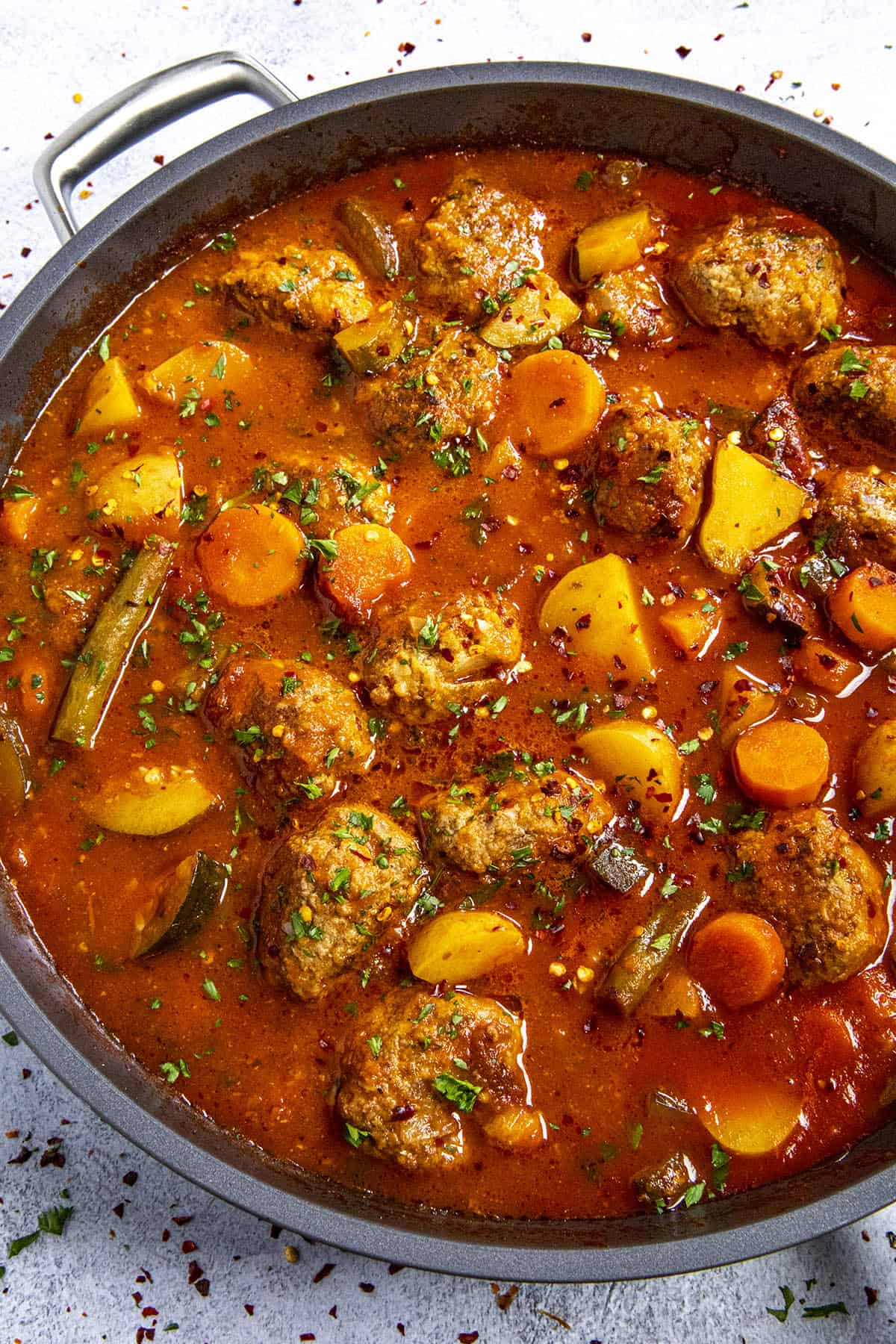 Albondigas Soup in a pot with garnish