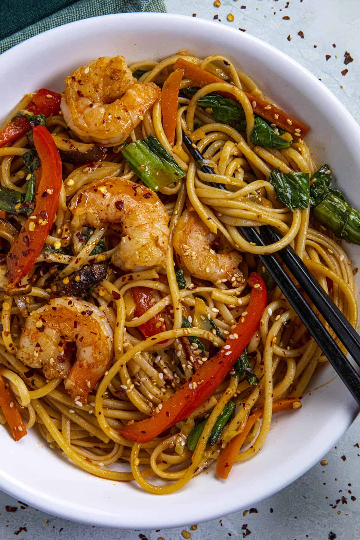 Lo Mein noodles in a bowl with chopsticks