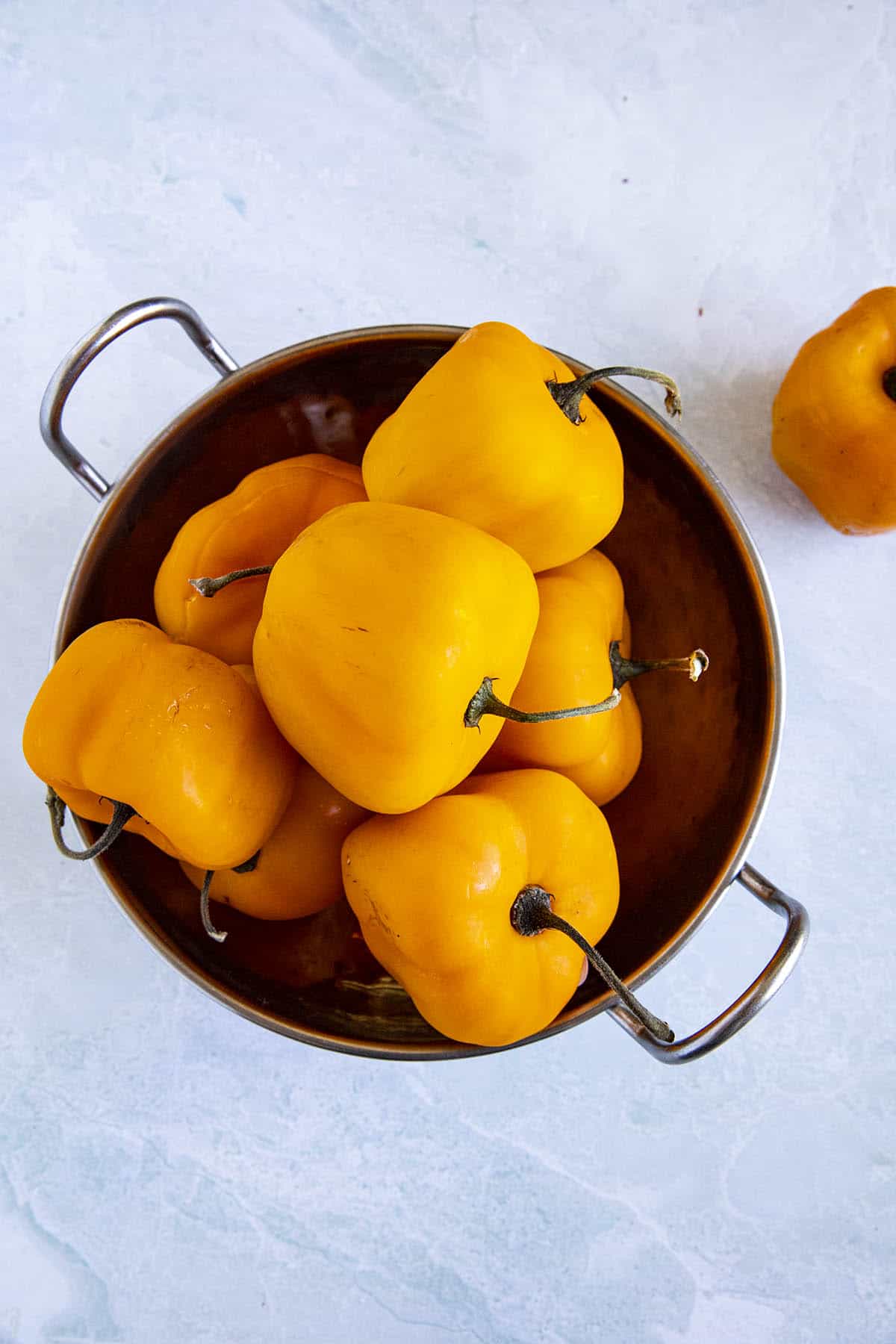 A bowl of Manzano Peppers, ready to eat