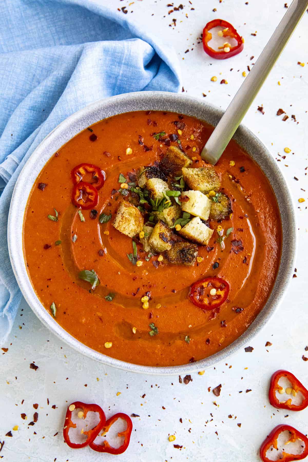 Roasted Red Pepper Soup in a bowl with a spoon