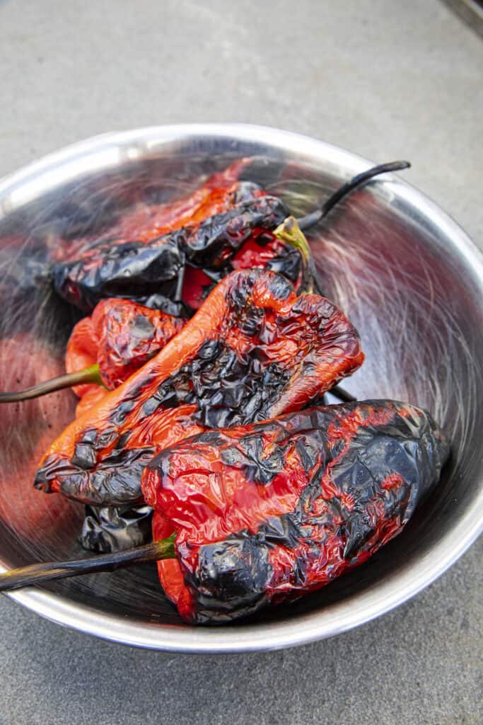 Roasted red peppers in a bowl