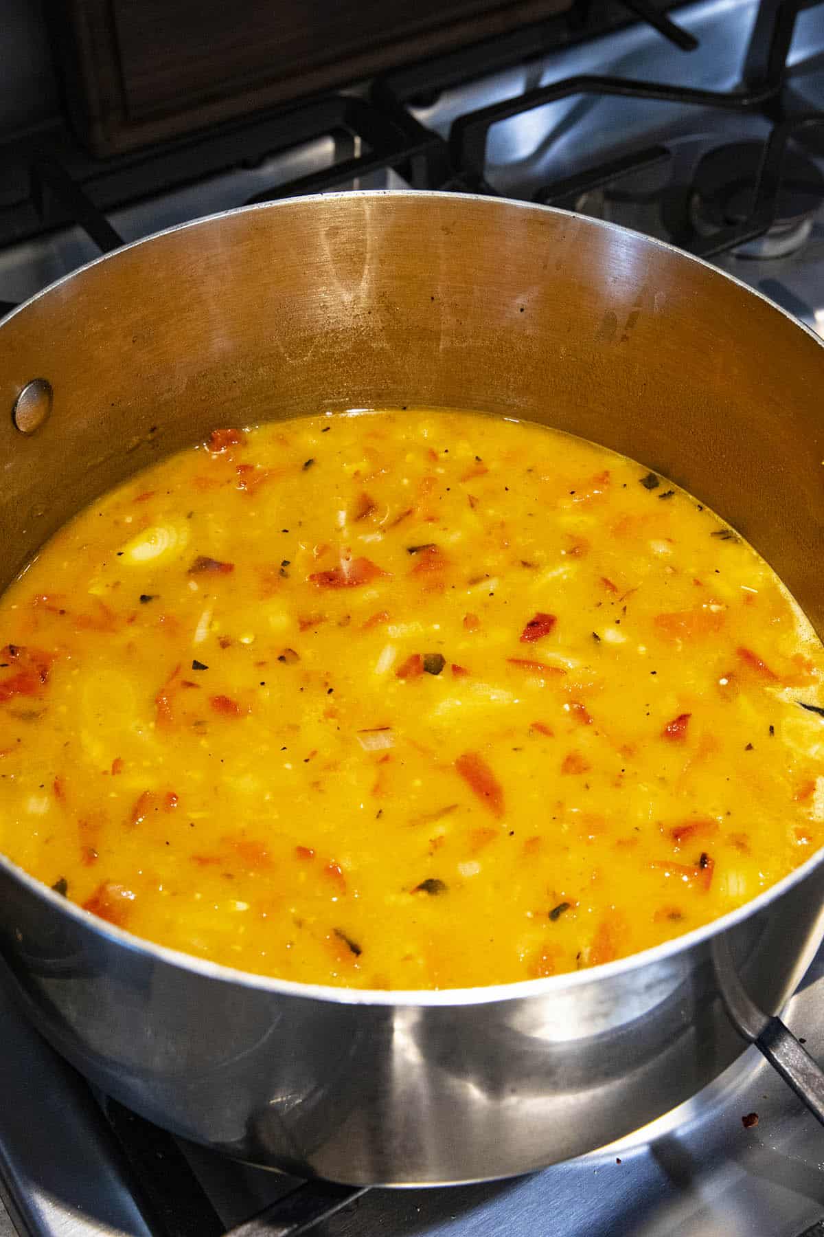 Simmering the Roasted Red Pepper Soup in the pot