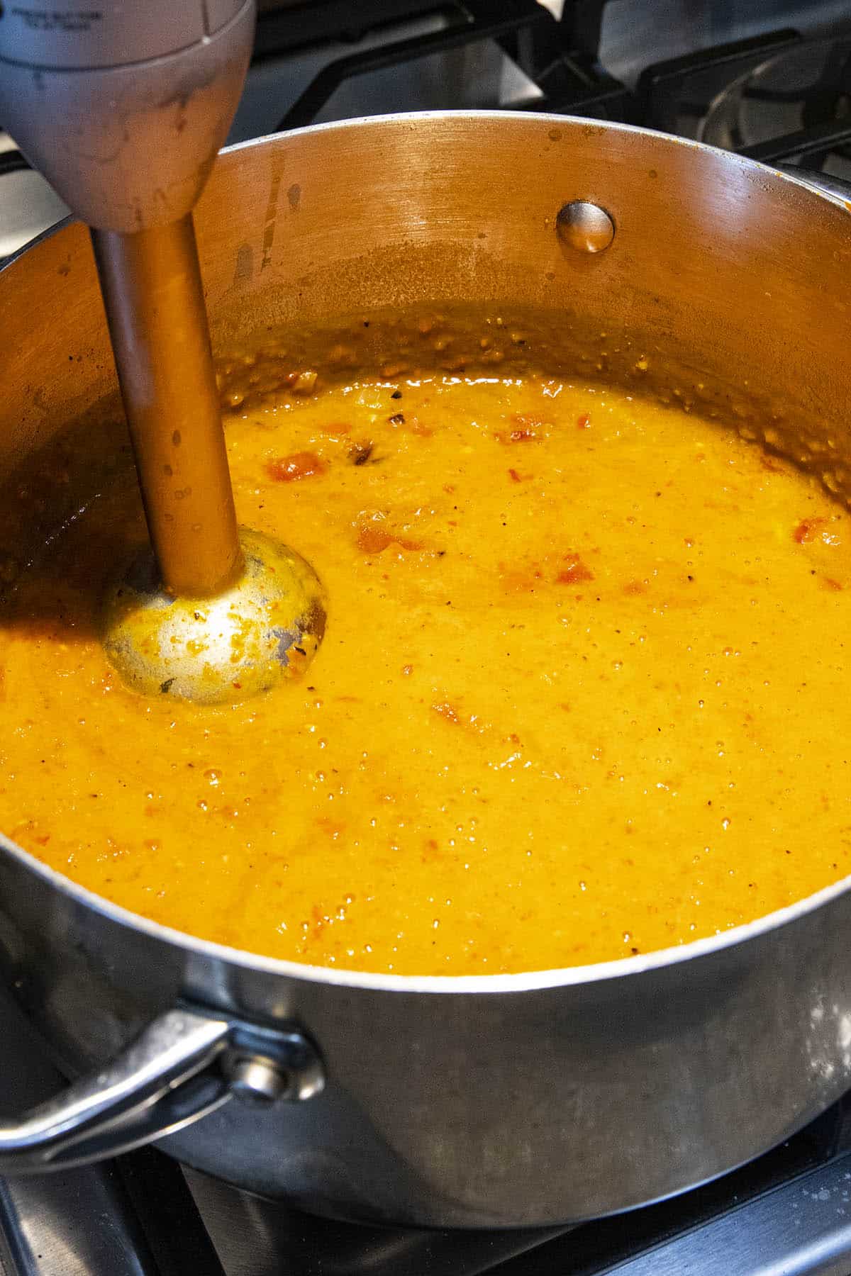 Blending the Roasted Red Pepper Soup in the pot