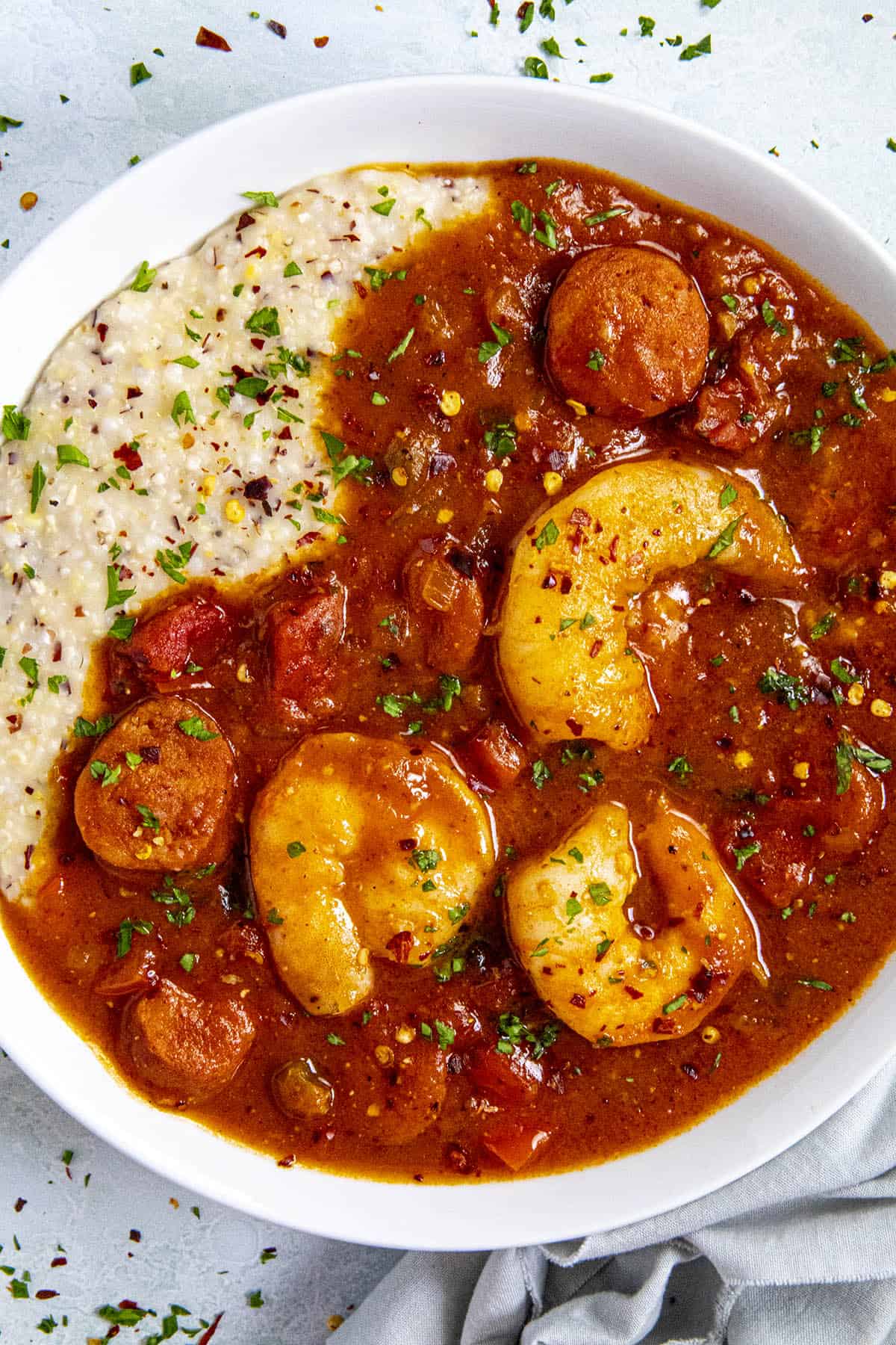 A bowl of Shrimp and Grits, ready to serve