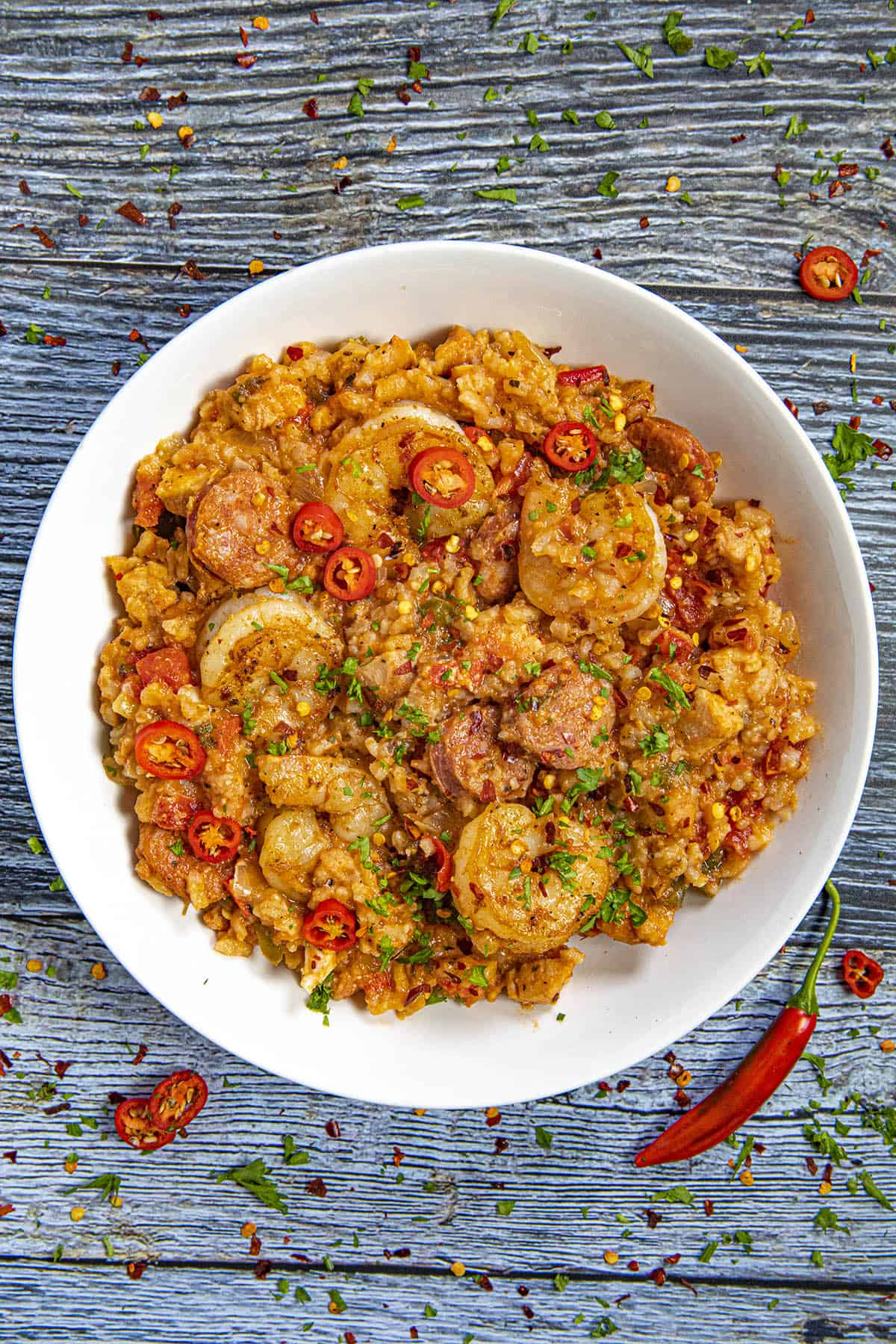 Crockpot Jambalaya in a bowl with a garnish