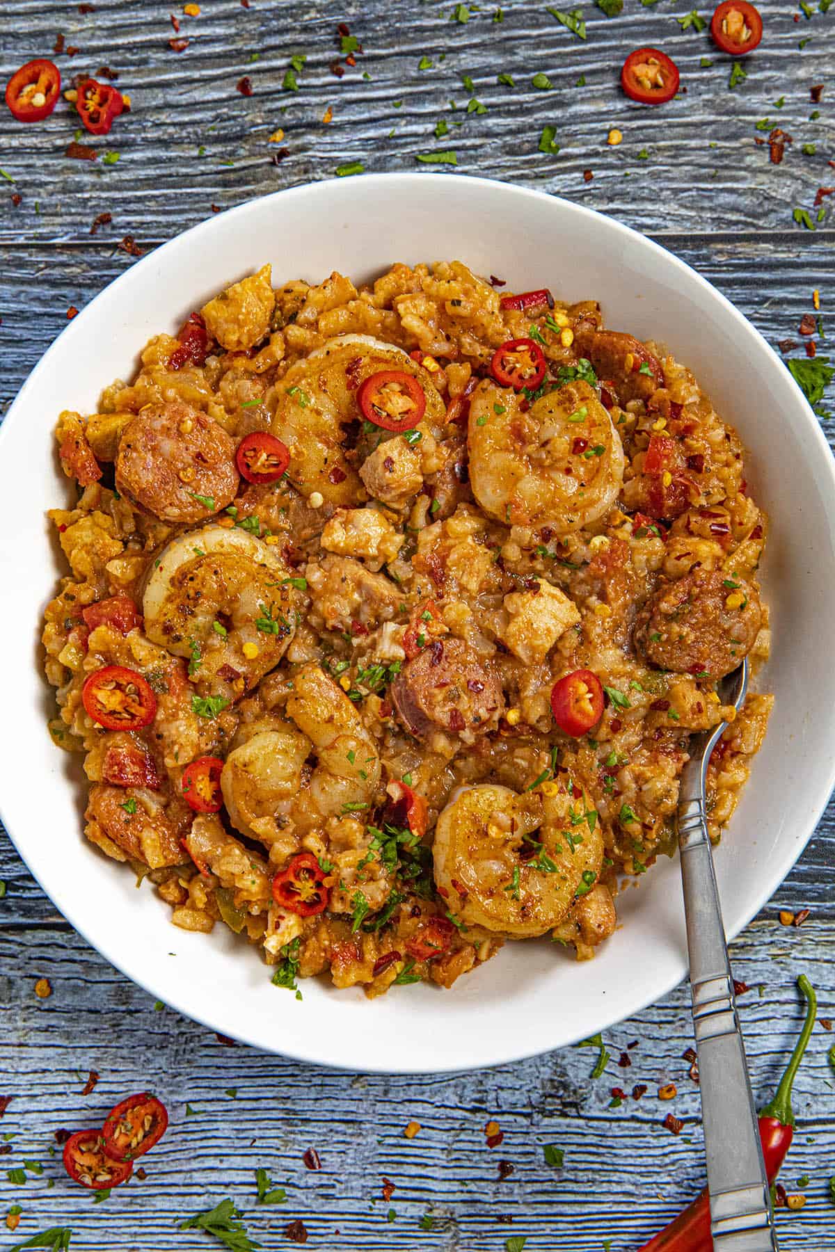 Crockpot Jambalaya in a bowl with a fork