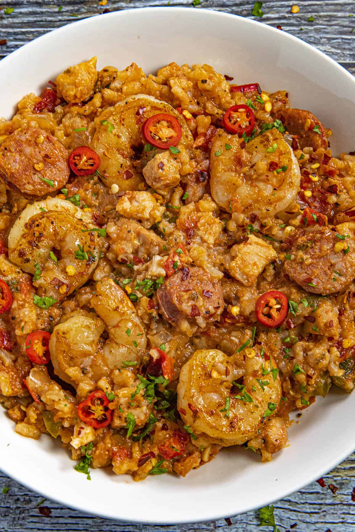 Crockpot Jambalaya in a bowl with lots of shrimp