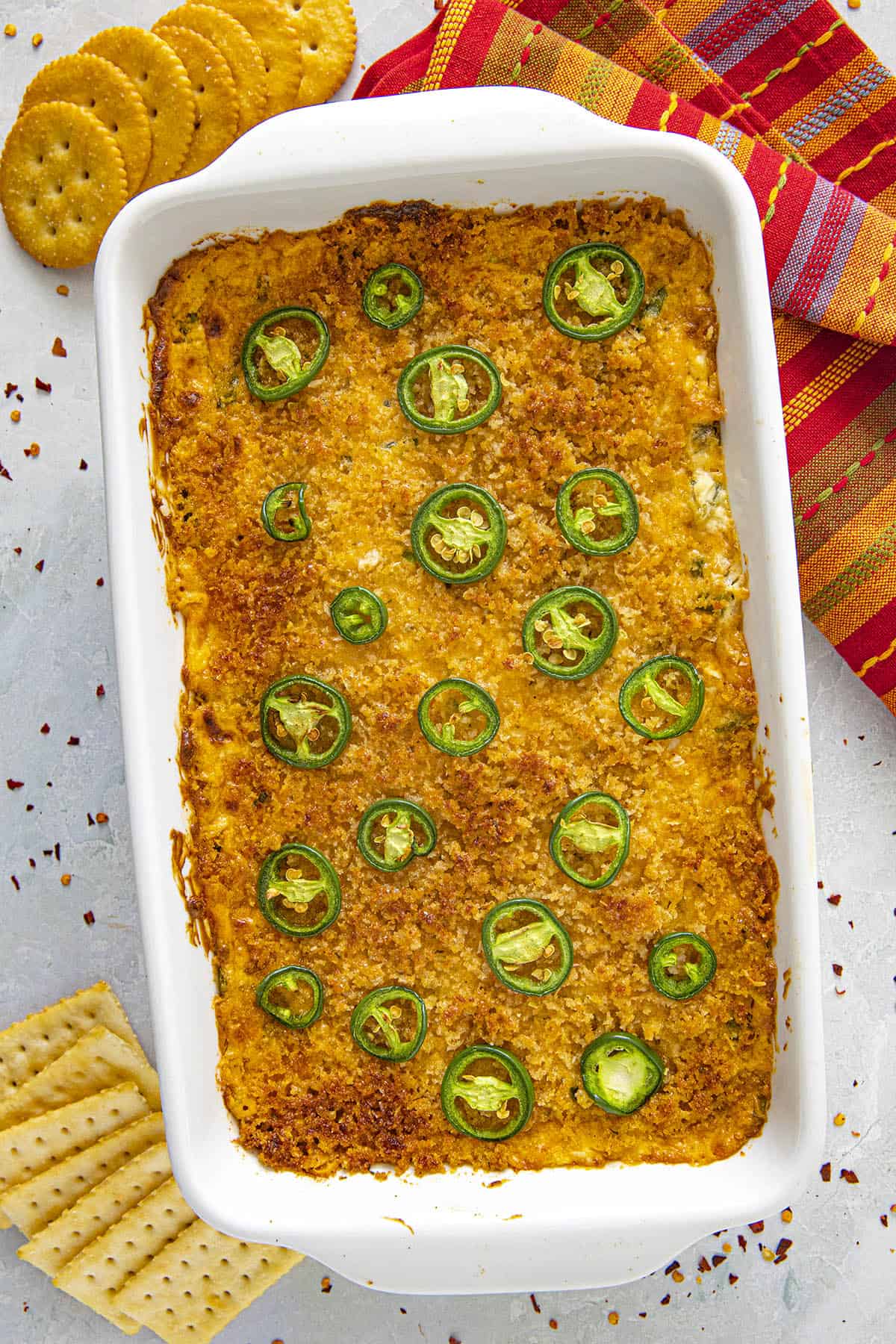 Jalapeno Popper Dip in a baking dish, ready to serve