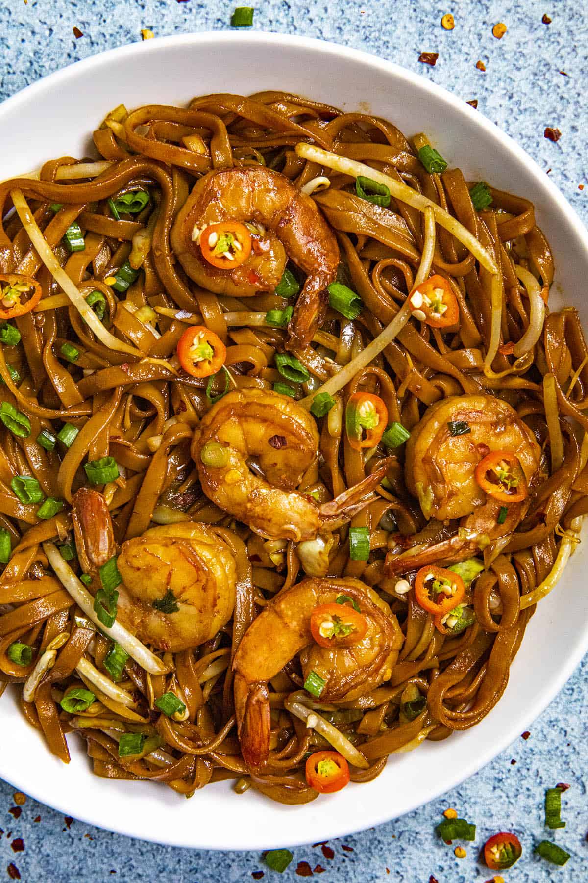 Mie Goreng, Indonesian stir fry noodles, in a bowl with lots of shrimp