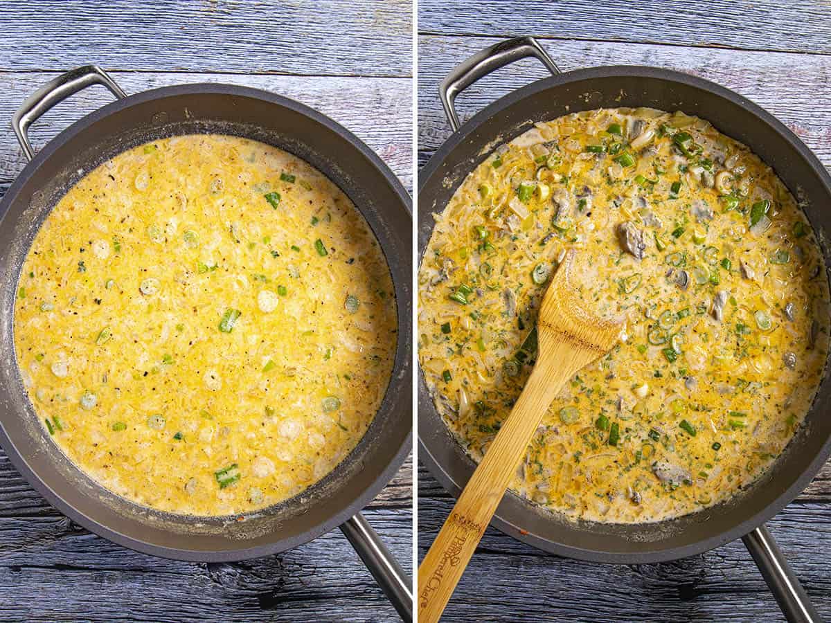 Simmering, then stirring the Oyster Stew in the pan