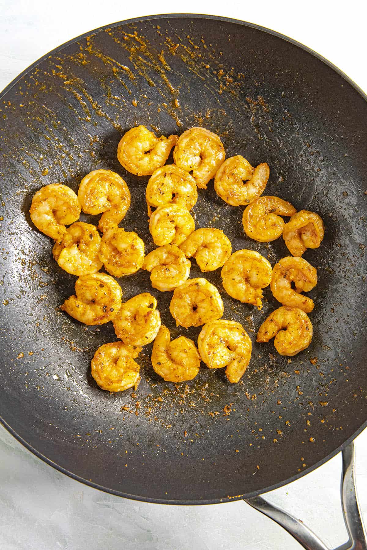 Cooking spiced shrimp for Shrimp Tacos