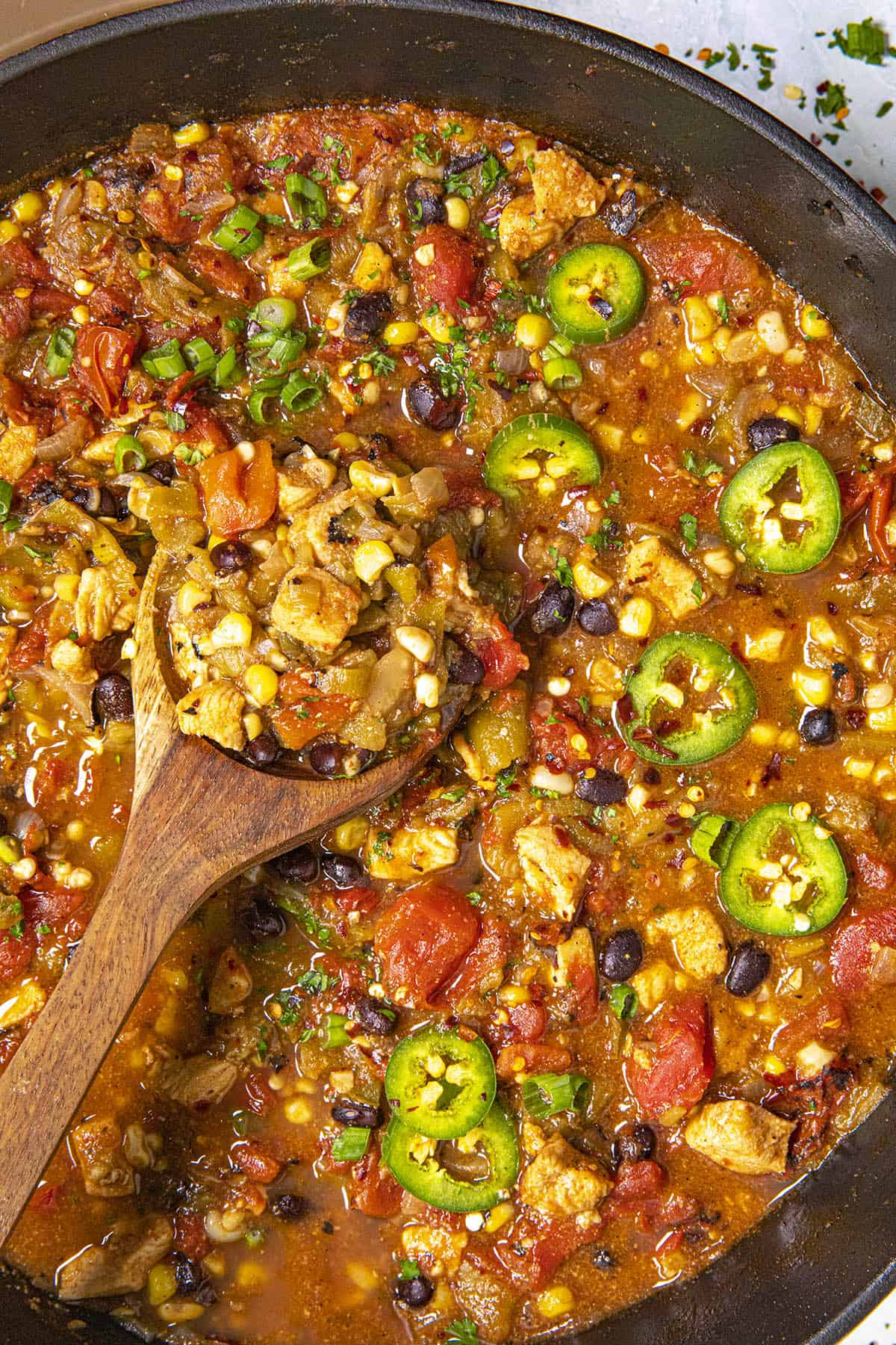 Southwest-style Chicken Soup in a pot, ready to serve