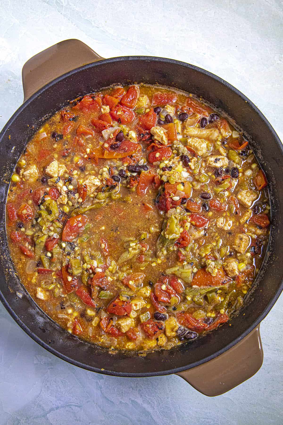 Simmering the Southwest-style Chicken Soup in the pot