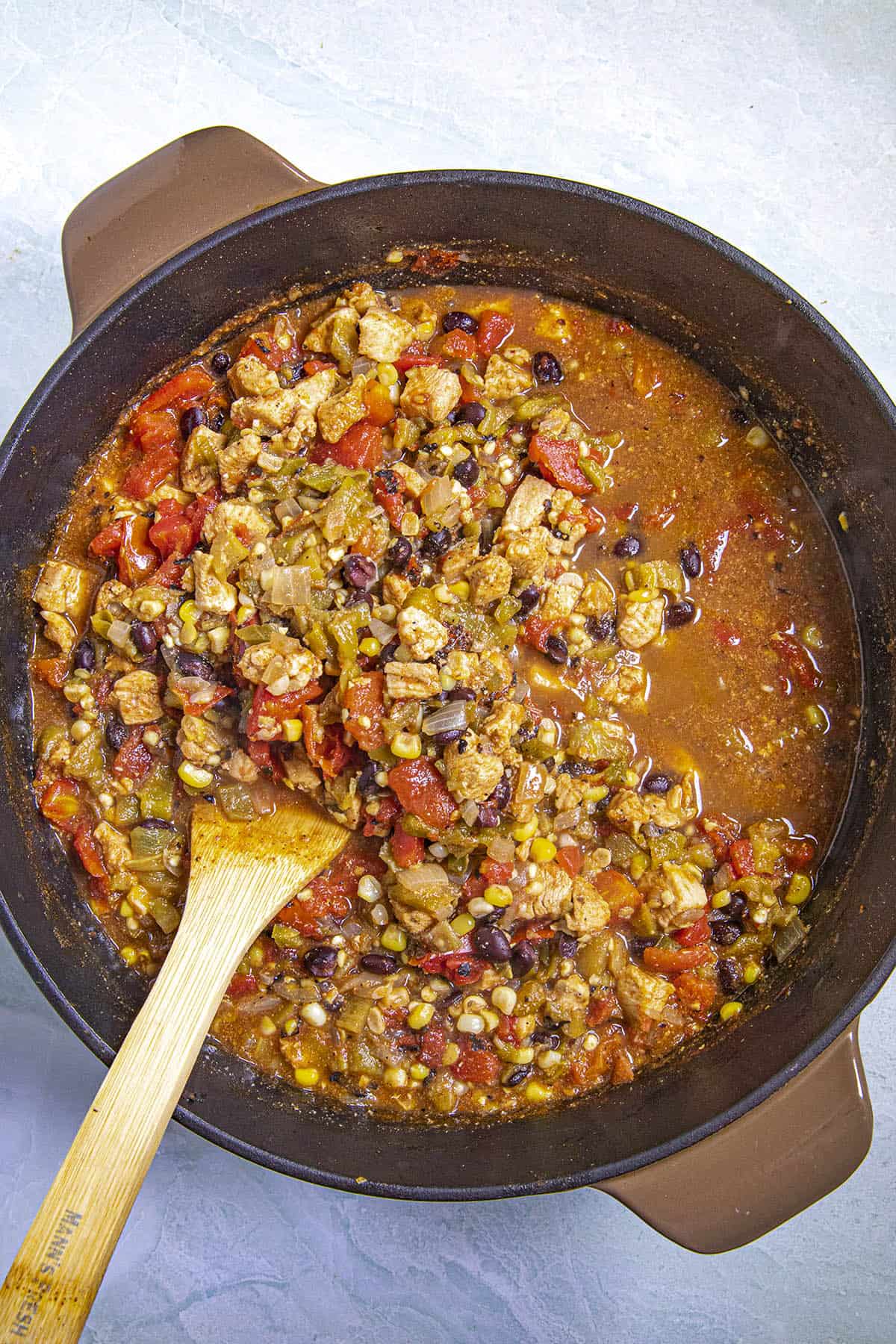 Stirring the Southwest-style Chicken Soup in the pot