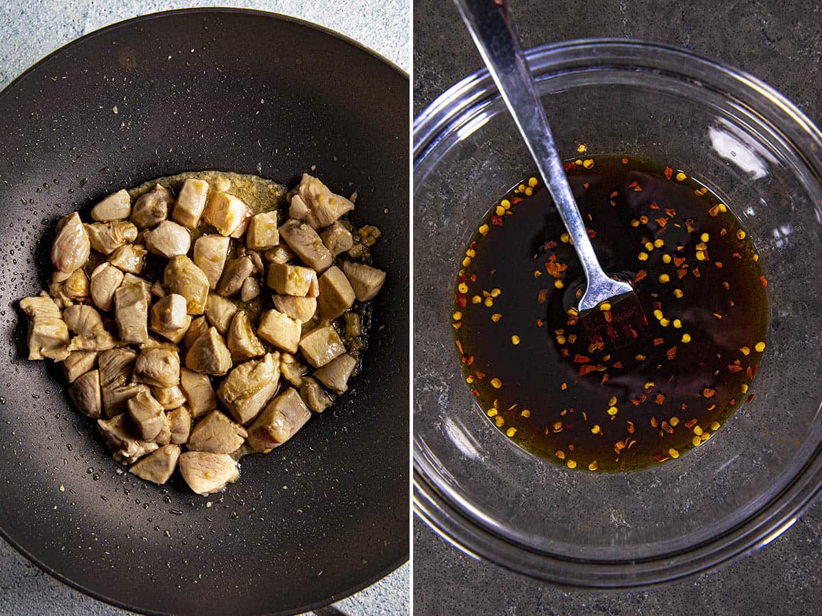 Stir frying chicken in a pan and Bourbon Chicken Sauce in a bowl