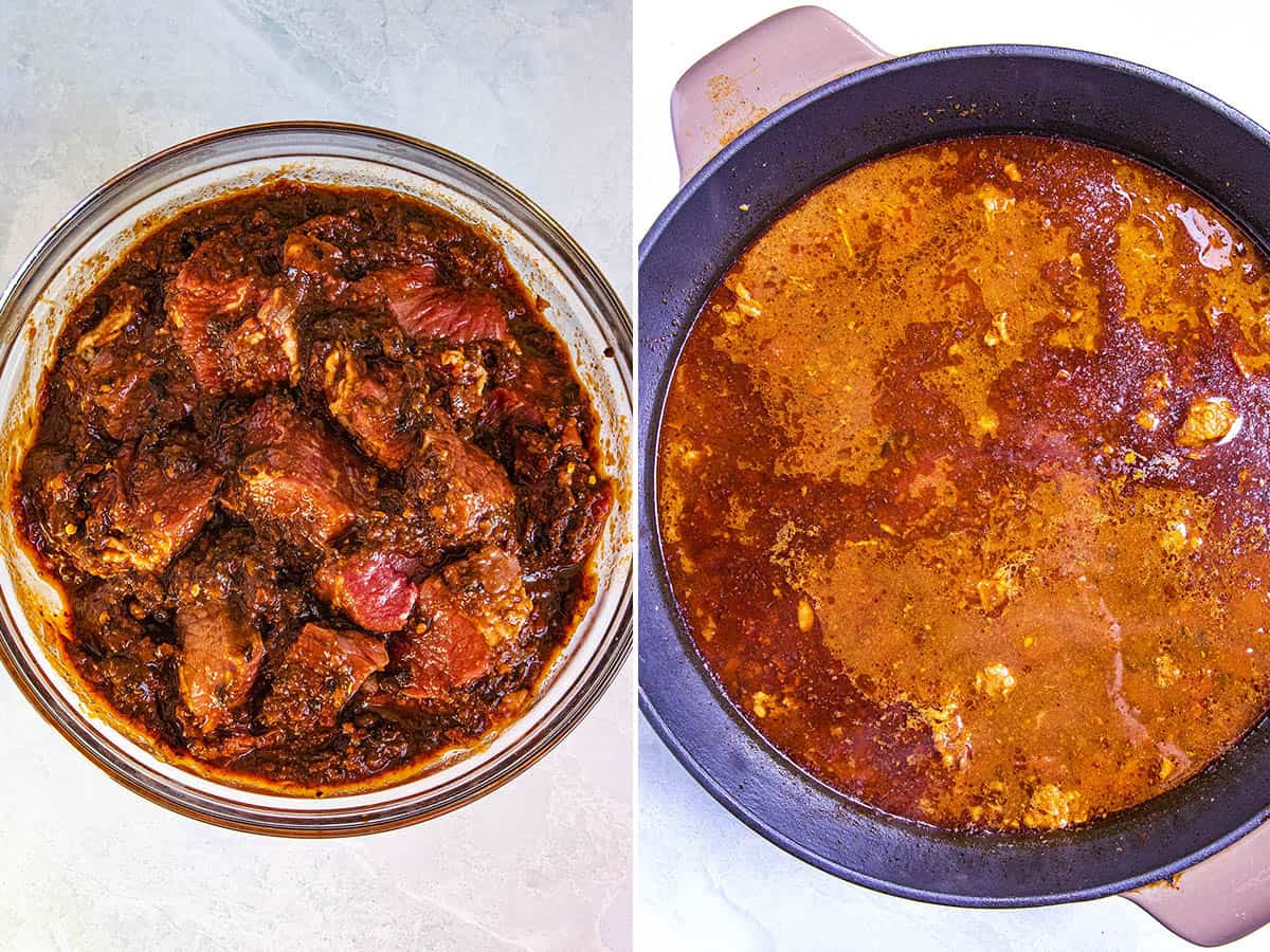 Marinating beef then simmering it to make birria